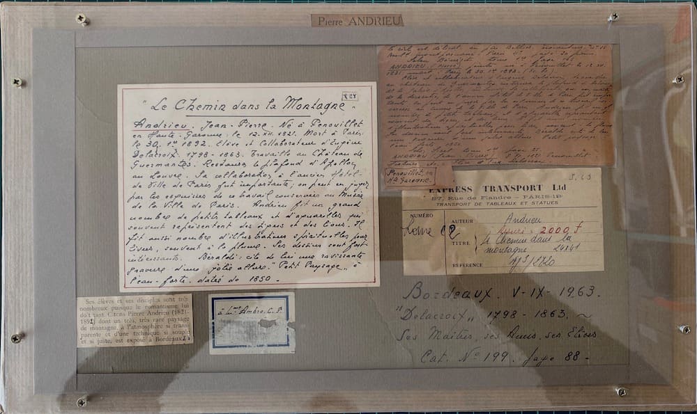 Paysage de Pierre Andrieu XIXè. Dos protecteur en plexiglas avec pochette pour la conservation des documents