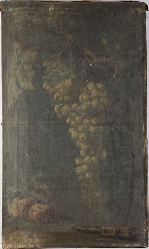 Pierre Andrieu. Nature morte aux raisins, pommes et couteau avant restauration