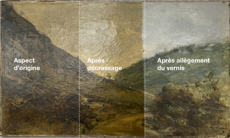 Paysage de Pierre Andrieu XIXè. De gauche à droite : état initial, décrassage et allègement